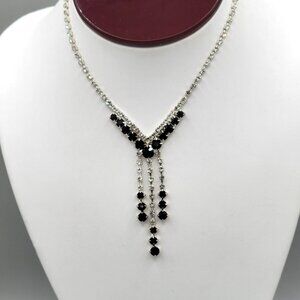 Elegant Black & Silver Rhinestone Y Shape Necklace With Dangle Pendant